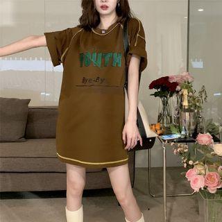 Short-sleeve Lettering Oversized T-shirt Coffee - One Size
