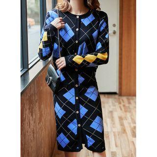 Set: Argyle Cardigan + Midi Knit Pencil Skirt Cardigan - Argyle - Blue & Black - One Size / Skirt - Argyle - Blue & Black - One Size