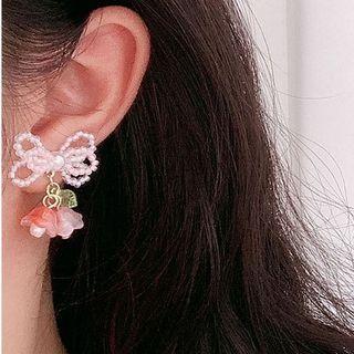 Bow Flower Fringed Earring 1 Pair - Pink - One Size