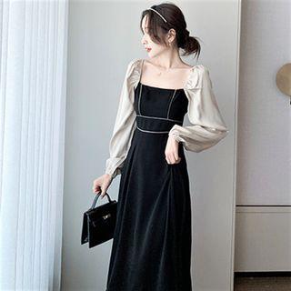 Long-sleeve Square-neck Two-tone Dress
