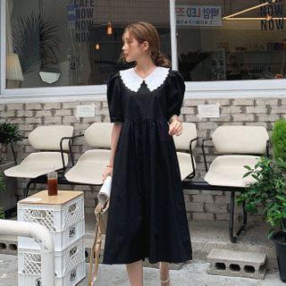 Lace-collar Puff-sleeve Dress Black - One Size