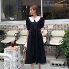 Lace-collar Puff-sleeve Dress Black - One Size