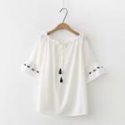 Elbow-sleeve Off Shoulder Ribbon Tie Embroidery Top