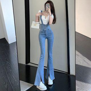 Suspender Slit Flared Jeans