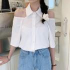 Collared Cold-shoulder Elbow-sleeve Shirt