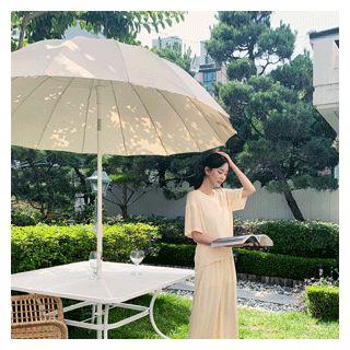 Set: Elbow-sleeve Top + Band-waist Pants Beige - One Size