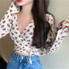Floral V-neck Long-sleeve Slim-fit Cropped Top As Figure - One Size