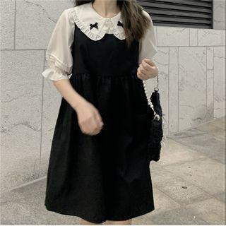 Puff-sleeve Bow Frill Trim Blouse / A-line Overall Dress