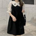 Puff-sleeve Bow Frill Trim Blouse / A-line Overall Dress