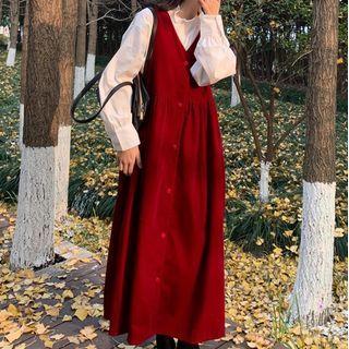 Frill Trim Blouse / Button-up Corduroy Overall Dress