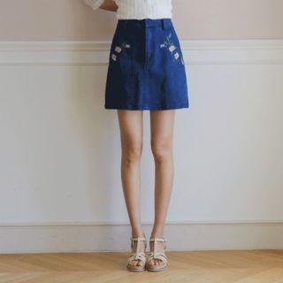 Rose-embroidered Denim A-line Mini Skirt