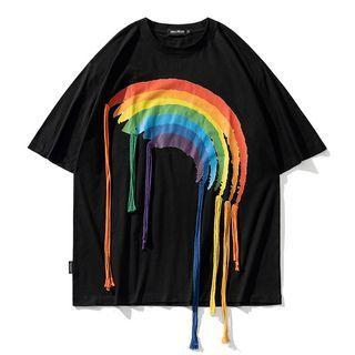Short Sleeve Rainbow Print Tassel T-shirt
