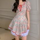 Puff-sleeve Floral Print Lace Trim Mini A-line Dress / Shorts