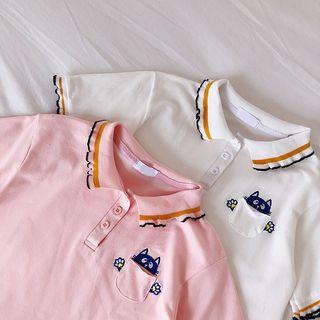 Cat Embroidered Color-block Short-sleeve Polo-shirt