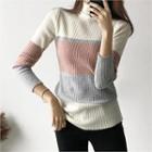 Turtleneck Color-block Ribbed Sweater