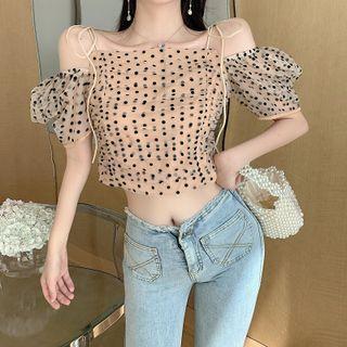 Off-shoulder Dotted Mesh Crop Top