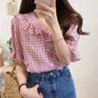 Plaid Elbow-sleeve Ruffled Blouse