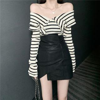 Off-shoulder Long-sleeve Striped Top / Faux Leather Mini A-line Skirt