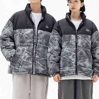 Geometric Print Panel Padded Zip Jacket
