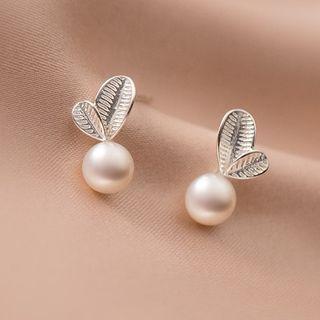 Leaf Sterling Silver Faux Pearl Earring 1 Pair - Silver & White - One Size