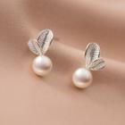 Leaf Sterling Silver Faux Pearl Earring 1 Pair - Silver & White - One Size