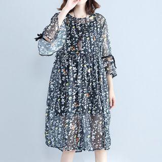 Set: Printed 3/4 Sleeve Chiffon Dress + Spaghetti Strap Dress
