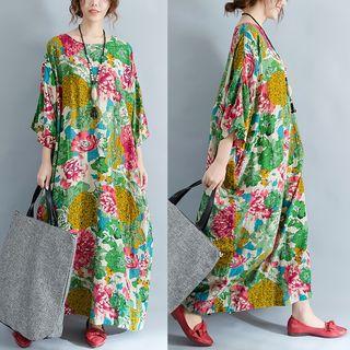 Floral Print 3/4-sleeve A-line Maxi Dress