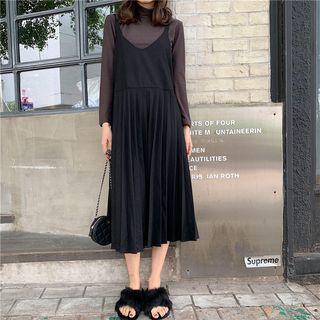 Mock Turtleneck Long-sleeve Top / Midi Pleated Pinafore Dress