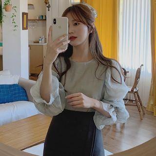 Plain Crewneck Sheer Puff-sleeve Panel Lace Top