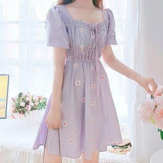 Puff-sleeve Ruffle Trim Floral A-line Dress