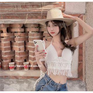 Sleeveless Padded Perforated Knit Top White - One Size