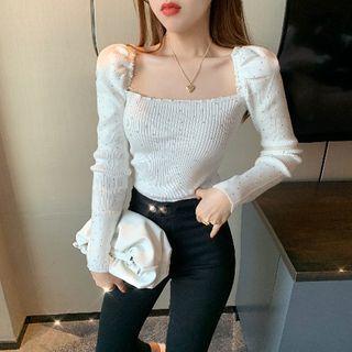 Square-neck Rhinestone Knit Top