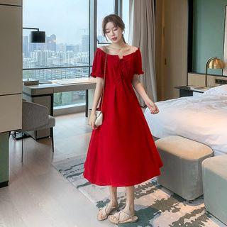 Off-shoulder Lace-up Midi A-line Dress