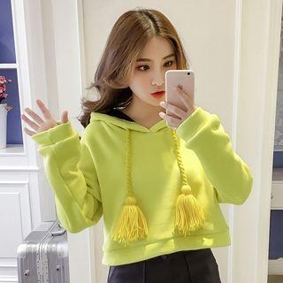 Tasseled Long-sleeve Cropped Hoodie