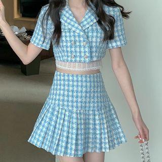 Short-sleeve Houndstooth Top / A-line Skirt