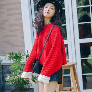 Set: Color Block Sweater + Faux Leather Wide-leg Shorts