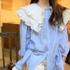 Long-sleeve Layered Collar Striped Blouse Blue - One Size