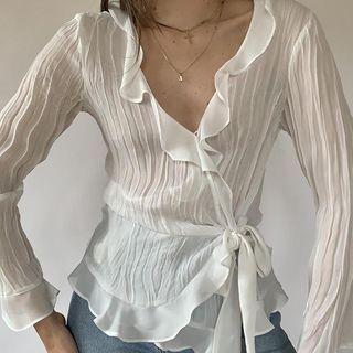 Long-sleeve V-neck Ruffle-trim Tie-waist Top