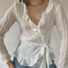 Long-sleeve V-neck Ruffle-trim Tie-waist Top