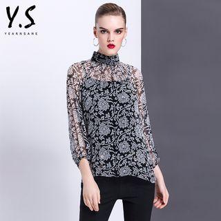 Patterned Stand Collar Blouse With Camisole