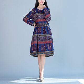 Paisley Patterned Drawstring Waist Long Sleeve Dress