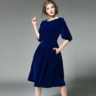 Velvet Elbow-sleeve A-line Dress