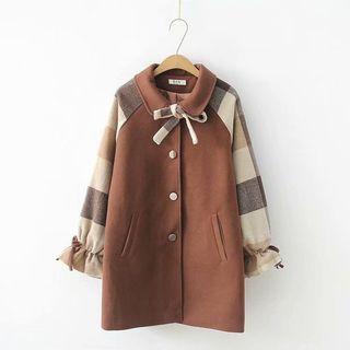 Plaid-sleeve Buttoned Coat Coffee - One Size