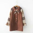 Plaid-sleeve Buttoned Coat Coffee - One Size