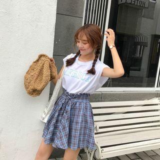 Set: Lettering T-shirt + Plaid A-line Skirt