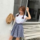 Set: Lettering T-shirt + Plaid A-line Skirt