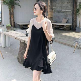 Dotted Panel Short Sleeve Two Tone Chiffon Dress