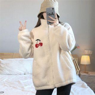 Turtleneck Cherry Printed Fleece Jacket As Shown In Figure - One Size