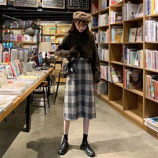 Mock-neck Loose-fit Sweater / Checker Woolen A-line Skirt
