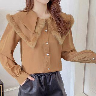 Long-sleeve Faux Fur Trim Chiffon Shirt